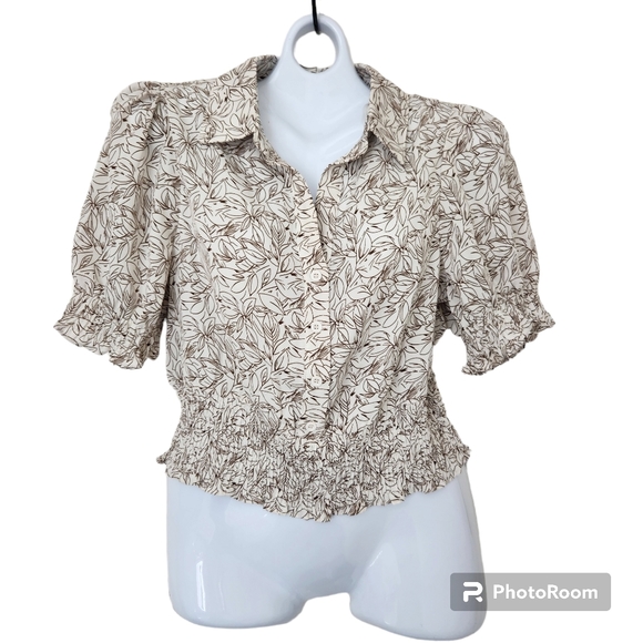 Papermoon NWT Collared V-Neck Henley Crop Blouse-Shirred Waist & Sleeves L - Picture 12 of 12